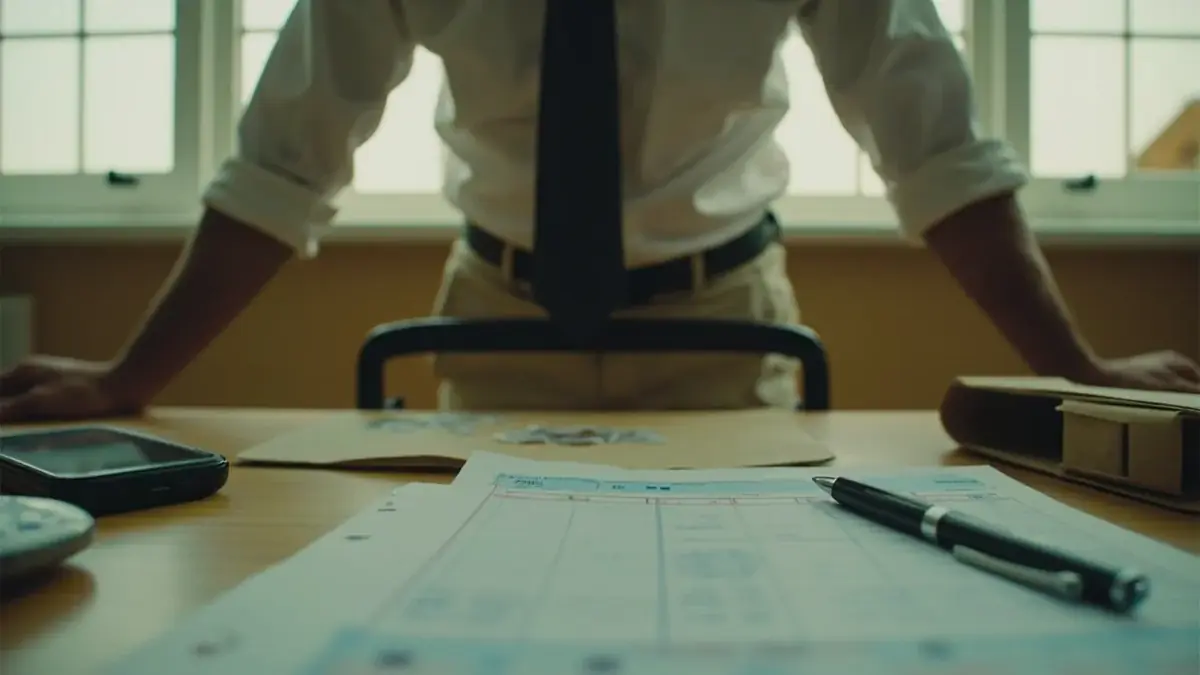 A household accounts desk with a closed passbook, face-down phone and manila folder