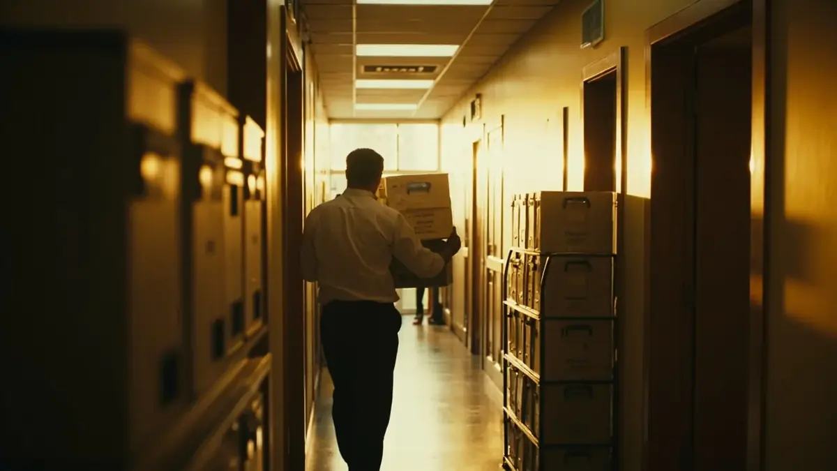 Archive boxes stacked in a corridor while a clerk carries a pair down the hall