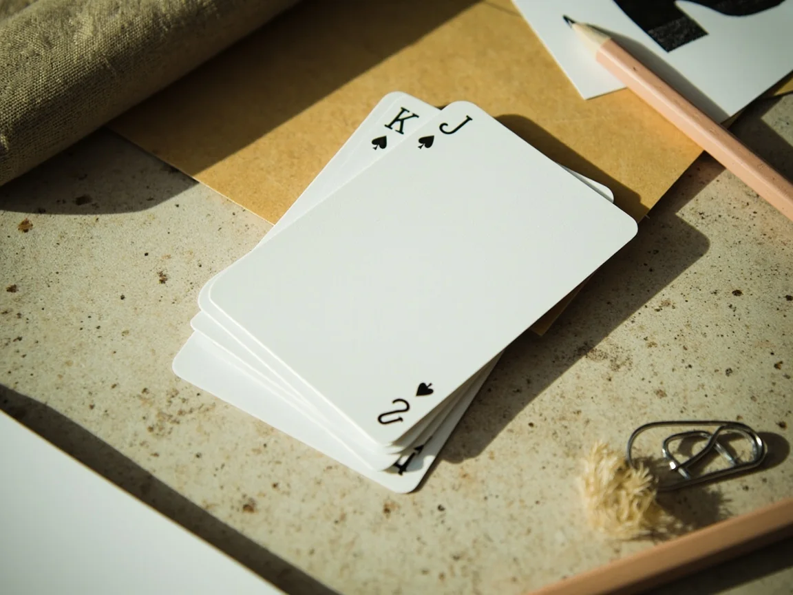 Blank plastic cards, a kraft envelope and a pencil case on a stone desk