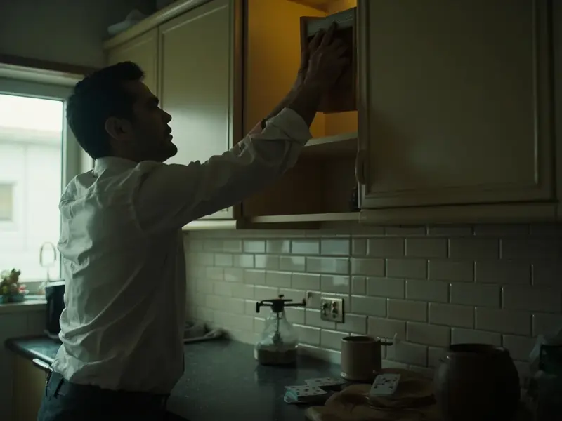 An adult placing a closed card box on a high cupboard shelf