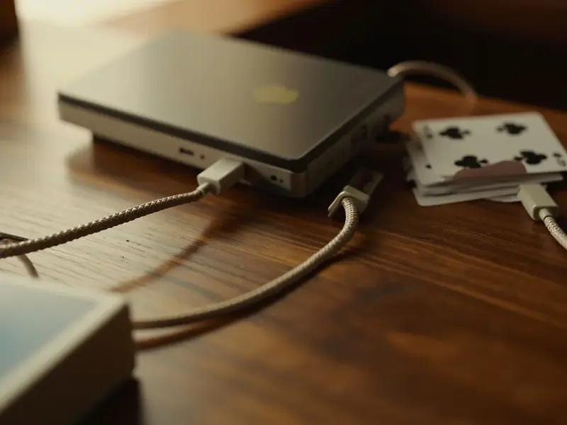 A braided charging cable entering a face-down phone on walnut