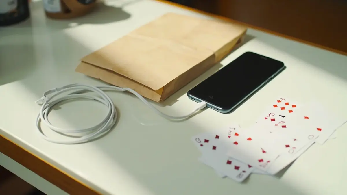A charging cable coiled beside a screen-off phone and a plain kraft sleeve