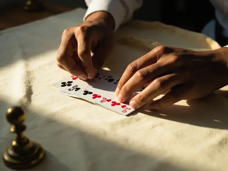 A man sorting a thirteen-card hand at a cafe table in morning light