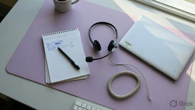 A notepad, a wired headset and a closed laptop on a lilac desk pad