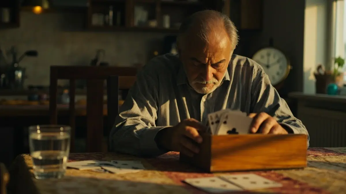 An adult closing a wooden box of playing cards at the end of a session