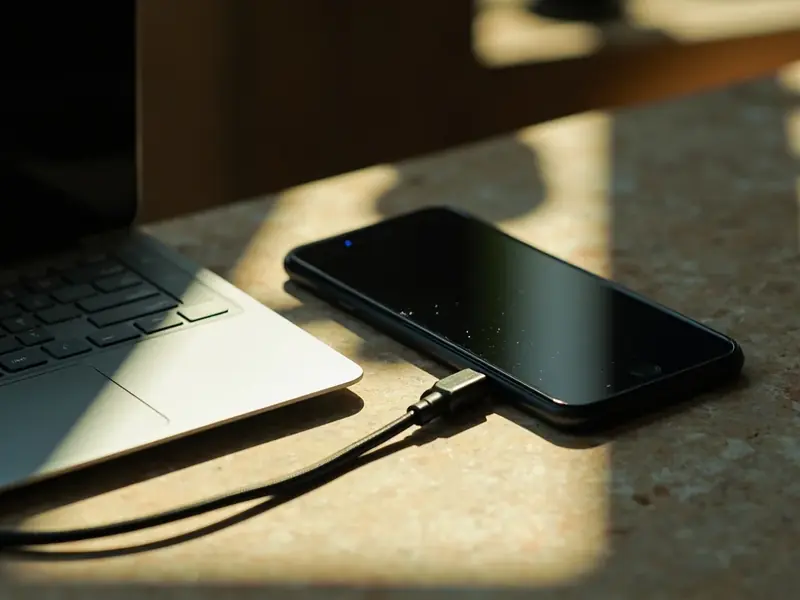 A short data cable bridging a closed laptop and a face-down phone