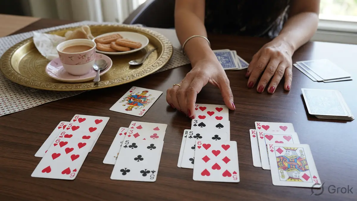 Grouped card sequences being placed on a table with a tea tray behind