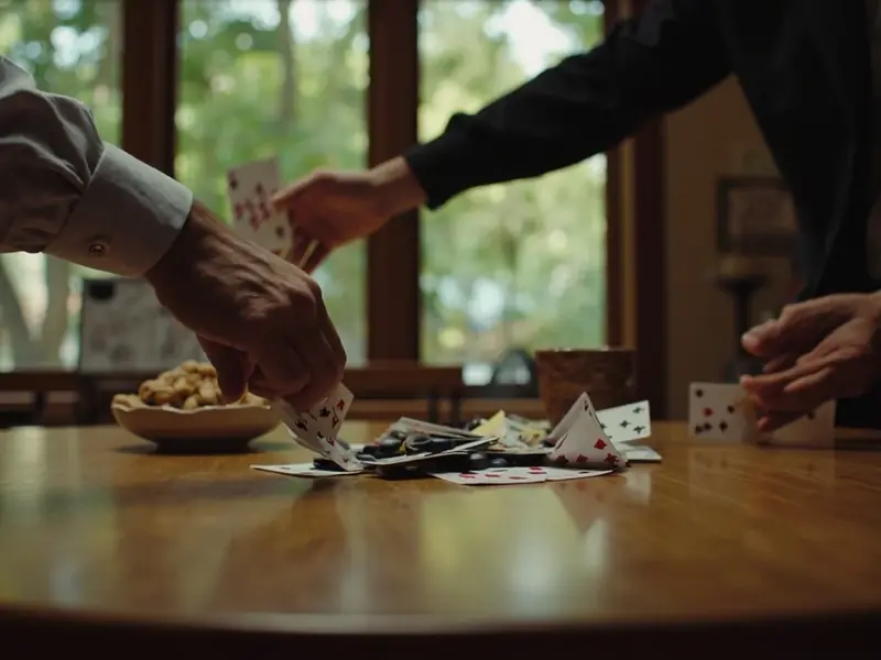 A discard pile of cards on a teak table beside a steel tumbler