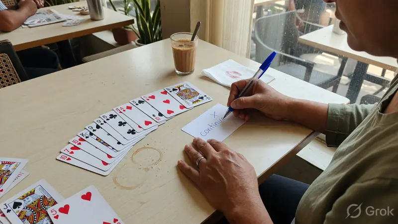 A handwritten note choosing drop or continue beside a card hand