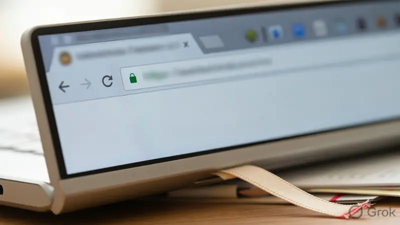 A laptop showing only a lock icon in a blurred browser chrome