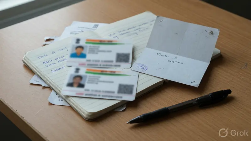 Blurred identity documents and a pen on a wooden desk