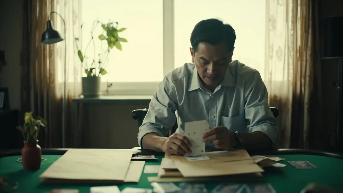 Blurred identity documents, a face-down photo and a pen on a wooden desk