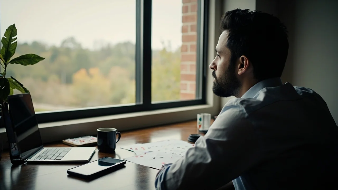 A person reviewing notes on a laptop with a deck of cards beside the keyboard