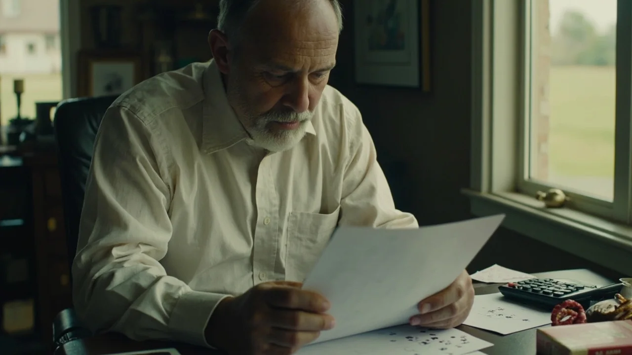 A person reviewing fine print on a printed flyer with a magnifying glass