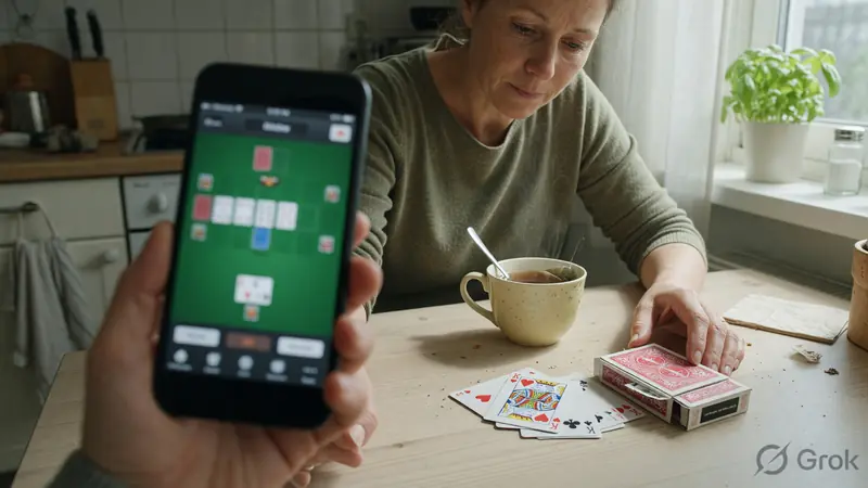 An adult using a phone beside a real deck of cards on a kitchen table