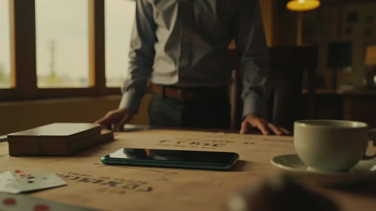 An adult holding a phone beside a deck of cards on a kitchen table