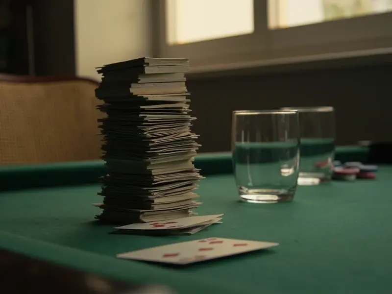 An empty chair pushed back from a card table with face-down cards