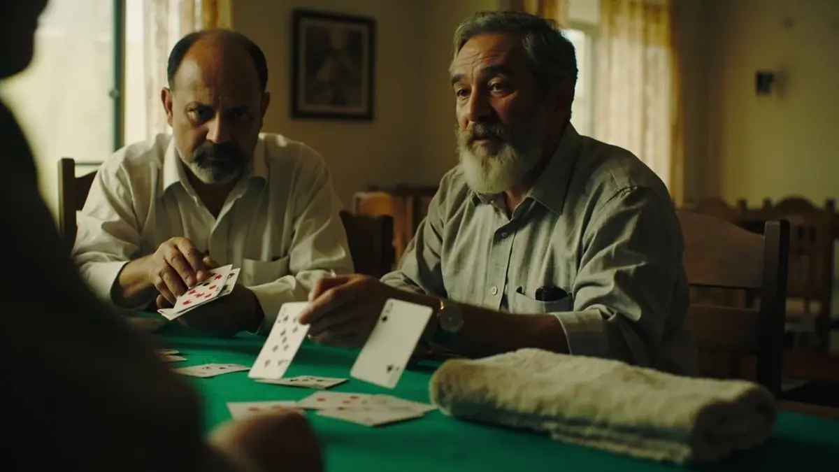 Four adults playing cards around a living-room table with snacks and steel tumblers