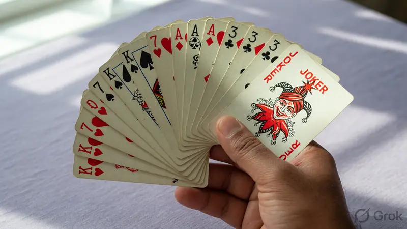 A hand fanning playing cards with a joker visible at the edge