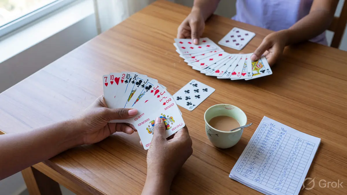 Two players sorting rummy hands at a wooden table with tea