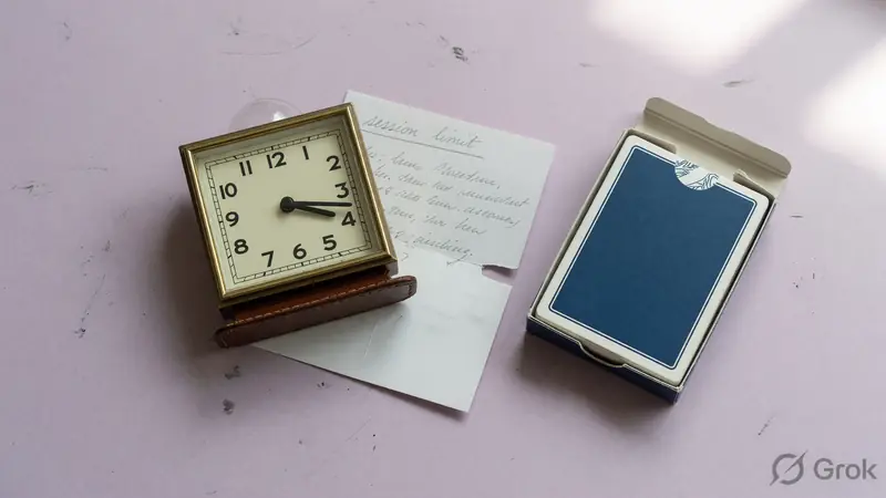 An analog clock, a boxed deck and a session note on a lilac blotter