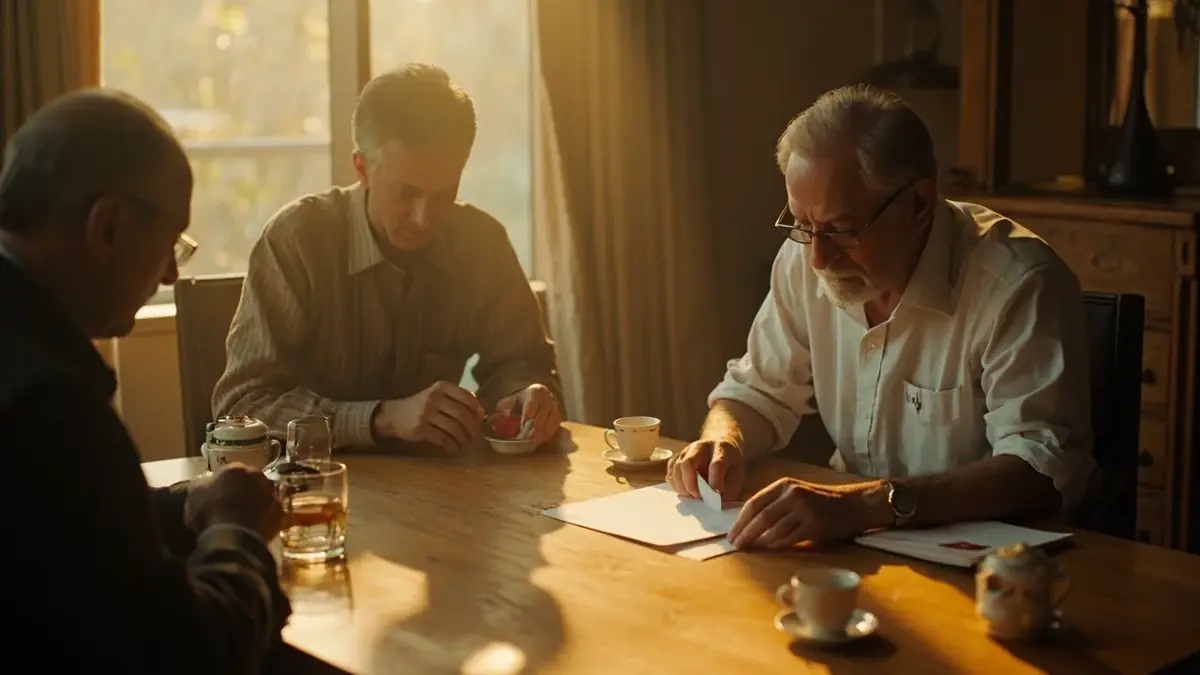 Two adults at a rummy table with an empty third place and a blank folded note