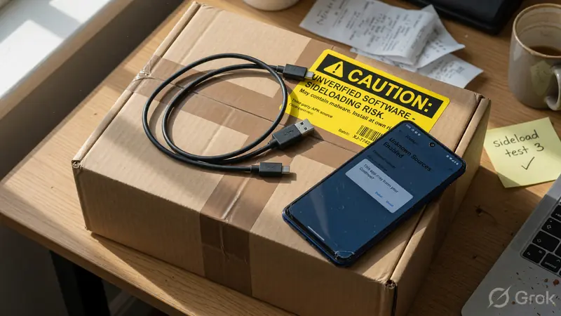 A closed cardboard box with a caution sticker beside a phone and cable