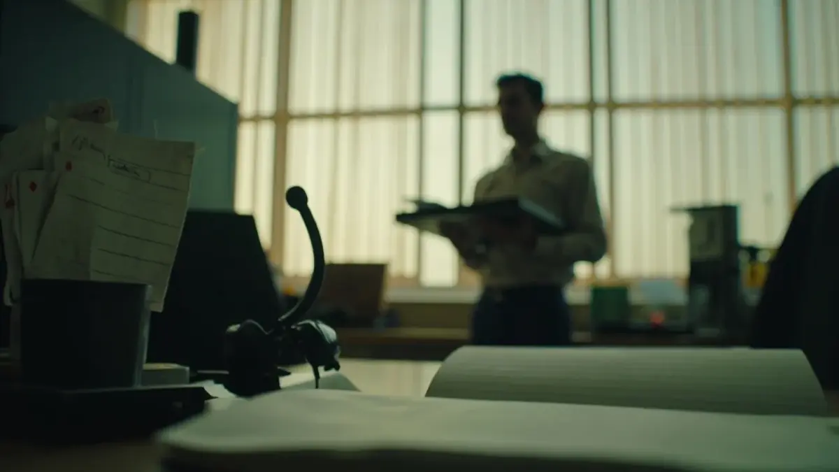 A quiet support desk with a blurred landline, a blank notepad and a tea tray