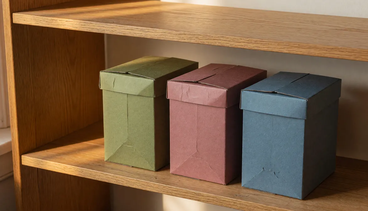 Three boxed card decks on a shelf beside a small unmarked chalkboard