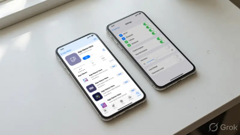 Two phones on a white desk with unreadable store and settings screens