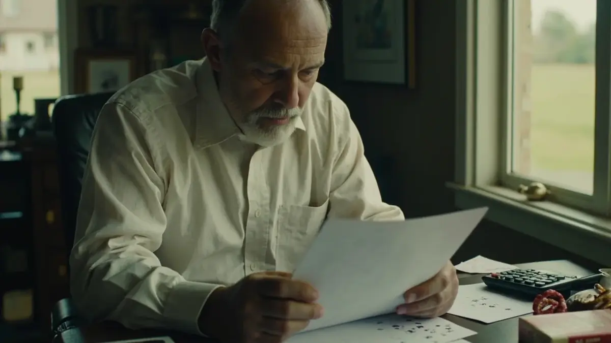 An adult reading unmarked loose papers beside a closed card box