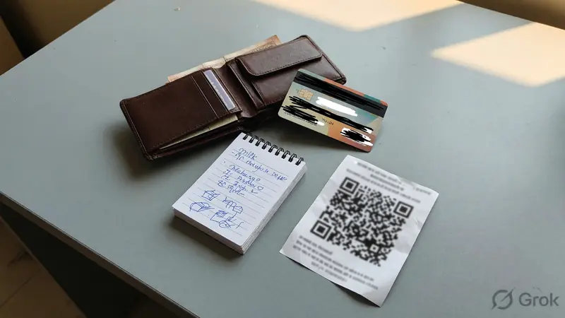 A wallet and a debit card with numbers fully obscured beside a blurred QR slip