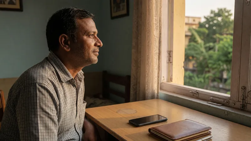 An adult waiting at a home desk with a face-down phone and a closed passbook